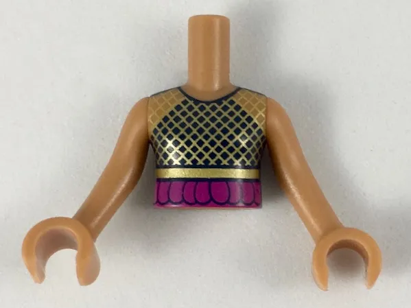 Torso Mini Doll Girl Black Top with Gold Mesh, Magenta Ruffle Pattern, Medium Nougat Arms with Hands