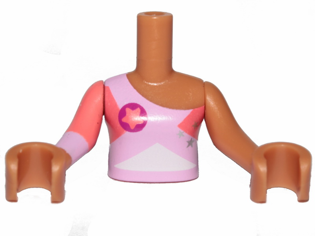 Torso Mini Doll Girl Bright Pink Top, Triangles and Stars Pattern, Medium Nougat Arms with Hands with Bright Pink and Coral Right Sleeve