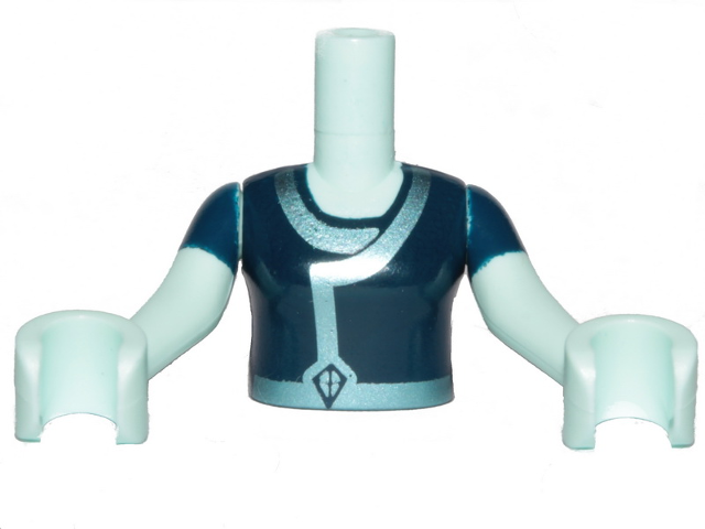 Torso Mini Doll Girl Dark Blue Tunic with Silver Blue Rim Pattern, Light Aqua Arms with Hands with Dark Blue Sleeves