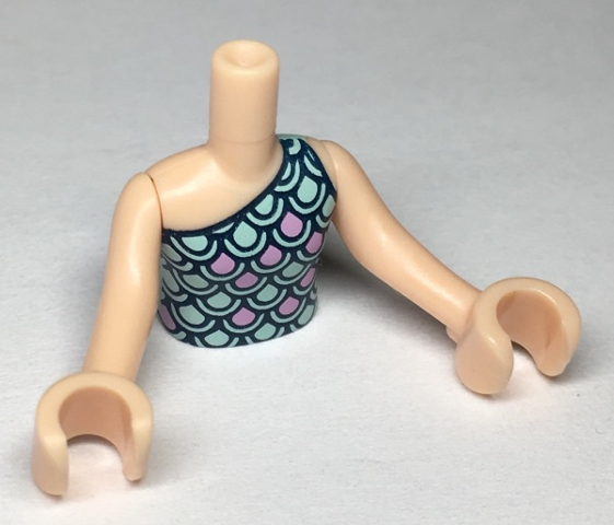 Torso Mini Doll Girl Light Aqua and Bright Pink Scallop Top with Dark Blue Highlights Pattern, Light Nougat Arms with Hands