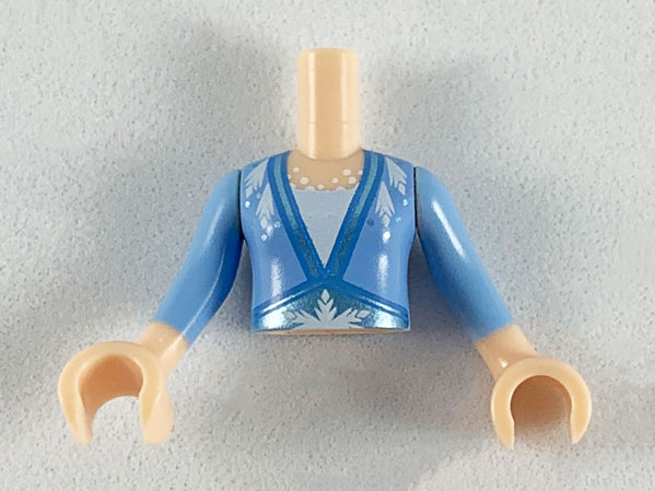 Torso Mini Doll Girl Bright Light Blue Top with Metallic Light Blue Hems and Snowflake Pattern, Light Nougat Arms with Hands with Bright Light Blue Sleeves