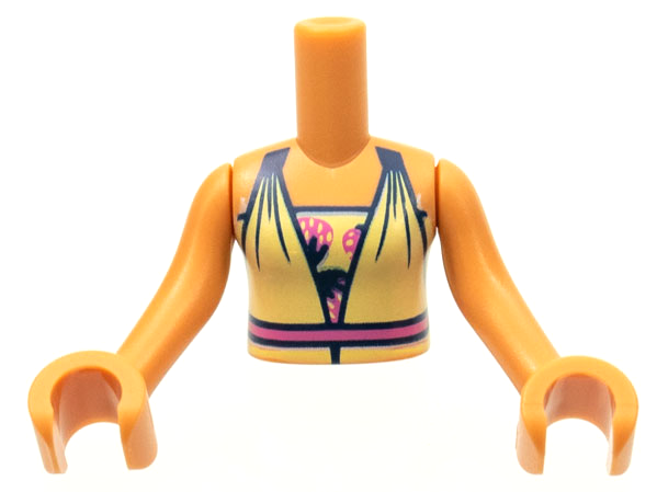 Torso Mini Doll Girl Bright Light Yellow Dress Top with Bright Pink Waist Line over Undershirt with Strawberries Pattern, Nougat Arms with Hands