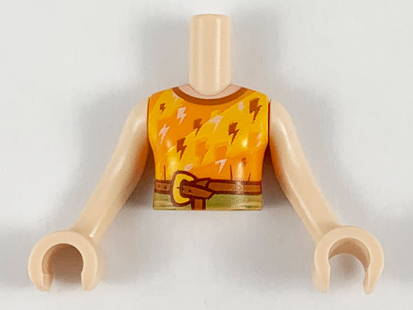 Torso Mini Doll Girl Orange and Bright Light Orange Top with Lightning Bolts and Belt Pattern, Light Nougat Arms with Hands