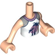 Torso Mini Doll Girl White Top with Silver Sleeves and Pink Collar, Dark Blue Palm Trees over Pink Sun Pattern, Light Nougat Arms with Hands