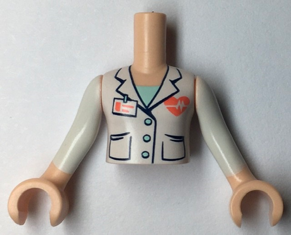 Torso Mini Doll Girl White Jacket with 3 Buttons, Coral Name Tag and Beating Heart Pattern, Light Nougat Arms with Hands with White Sleeves