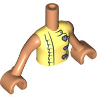 Torso Mini Doll Girl Bright Light Yellow Dress Top with Ruffles and 3 Metallic Pink Heart Buttons Pattern, Nougat Arms with Hands