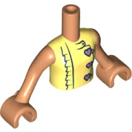 Torso Mini Doll Girl Bright Light Yellow Dress Top with Ruffles and 3 Metallic Pink Heart Buttons Pattern, Nougat Arms with Hands