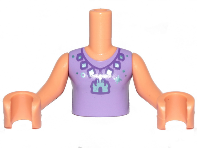 Torso Mini Doll Girl Medium Lavender Top with Castle Necklace Pattern, Nougat Arms with Hands