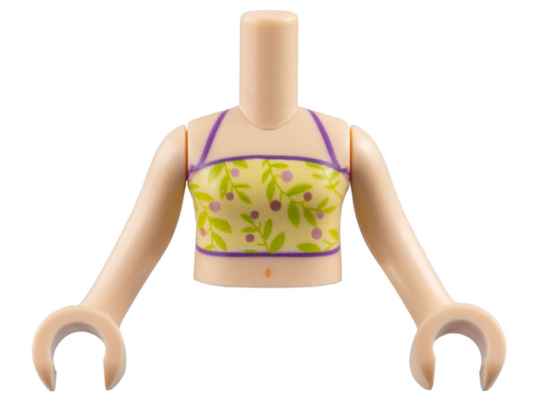 Torso Mini Doll Girl Yellowish Green Top with Vines and Metallic Purple Circles Pattern, Light Nougat Arms with Hands