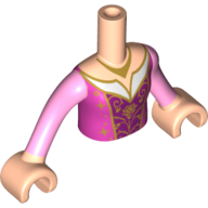 Torso Mini Doll Girl Dark Pink and Purple Dress with Gold Filigree Pattern, Light Nougat Arms with Hands with Bright Pink Sleeves