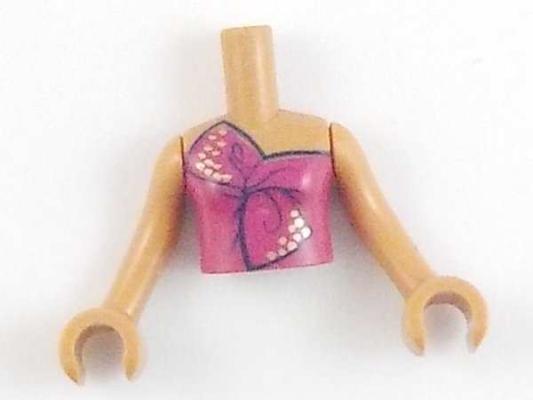 Torso Mini Doll Girl Magenta Strapless Dress Top Tied in Bow with Gold Dots Pattern, Medium Nougat Arms with Hands