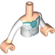 Torso Mini Doll Girl Dress Dark Turquoise and Metallic Filigree with Seashell Pattern, Light Nougat Arms with Hands with White Sleeves