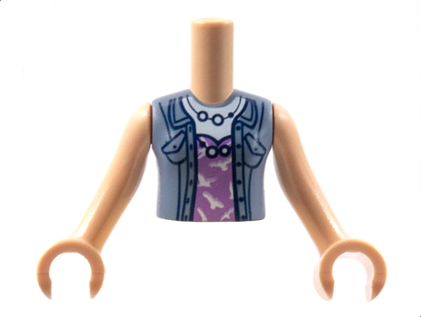 Torso Mini Doll Girl Medium Lavender Top with White Birds and High Neckline, Sand Blue Vest Pattern, Light Nougat Arms with Hands