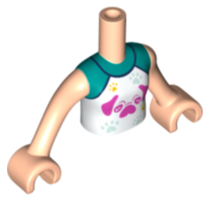 Torso Mini Doll Girl White Raglan Top with Dark Pink Dog and Light Aqua and Bright Light Orange Paw Prints Pattern, Light Nougat Arms with Hands