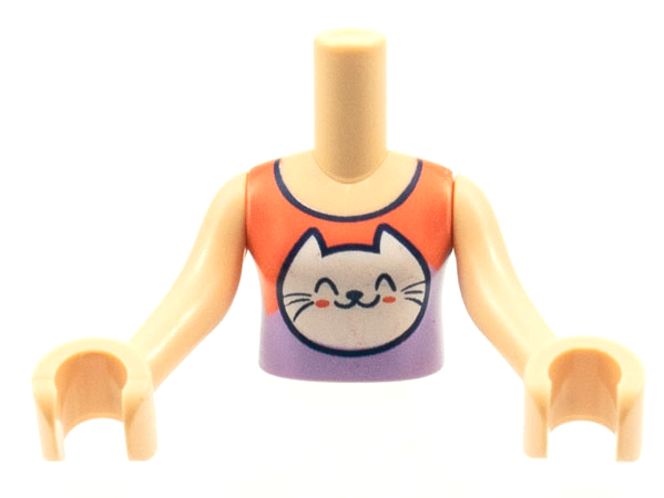 Torso Mini Doll Girl Coral and Lavender Top, White Kitty Cat Head Pattern, Light Nougat Arms with Hands