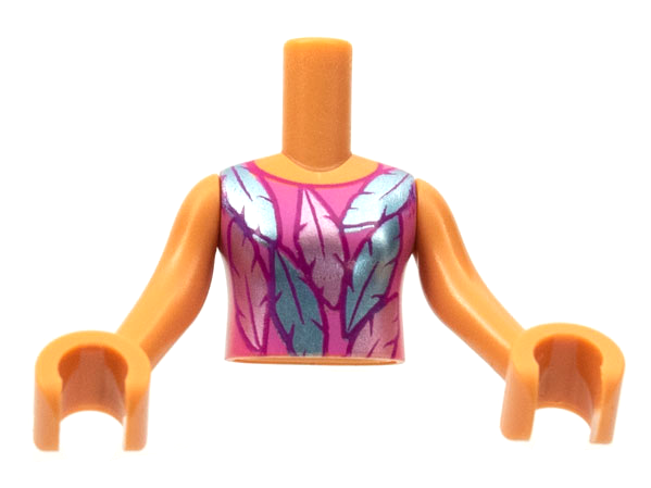 Torso Mini Doll Girl Dark Pink Top Metallic Light Blue and Metallic Pink Feathers Pattern, Nougat Arms with Hands