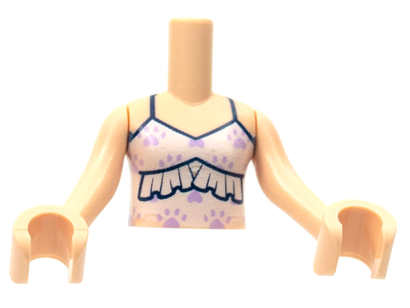 Torso Mini Doll Girl White Tank Top with Ruffle, Lavender Paw Prints Pattern, Light Nougat Arms with Hands