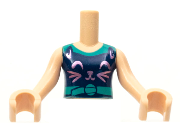 Torso Mini Doll Girl Dark Blue Cat Tank Top, Metallic Pink Cat Face, Dark Turquoise Collar and Belt Pattern, Nougat Arms with Hands