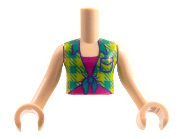 Torso Mini Doll Girl Lime and Bright Green Plaid Shirt over Magenta T-Shirt Pattern, Light Nougat Arms with Hands