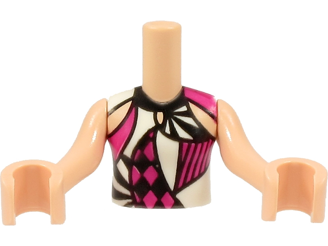 Torso Mini Doll Girl Black, Magenta and White Harlequin Shirt Pattern, Light Nougat Arms with Hands