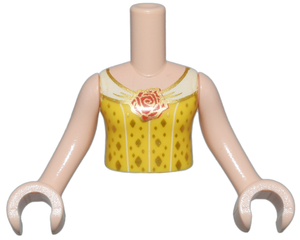 Torso Mini Doll Girl Yellow Top with Red Rose Trim and Gold Diamonds Pattern, Light Nougat Arms with Hands