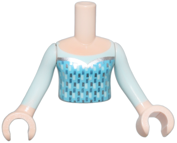 Torso Mini Doll Girl Medium Azure Dress Top with Silver Hems and Light Aqua Pattern, Light Nougat Arms with Hands with Light Aqua Sleeves