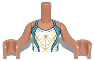Torso Mini Doll Girl Dark Turquoise Swimsuit with White and Gold Front Panel and Round Open Back Pattern, Medium Nougat Arms with Hands