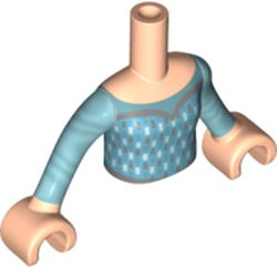 Torso Mini Doll Girl Medium Azure Dress Top with Metallic Light Blue and Silver Pattern, Light Nougat Arms with Hands with Metallic Light Blue Sleeves