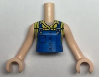 Torso Mini Doll Girl Blue Overalls over Yellow Checkered Sleeveless Blouse Pattern, Light Nougat Arms with Hands