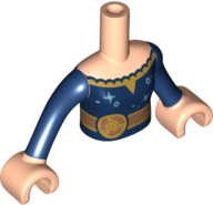 Torso Mini Doll Girl Dark Blue with Metallic Light Blue Stars and Circles, Gold Belt Pattern, Light Nougat Arms with Hands with Dark Blue Sleeves