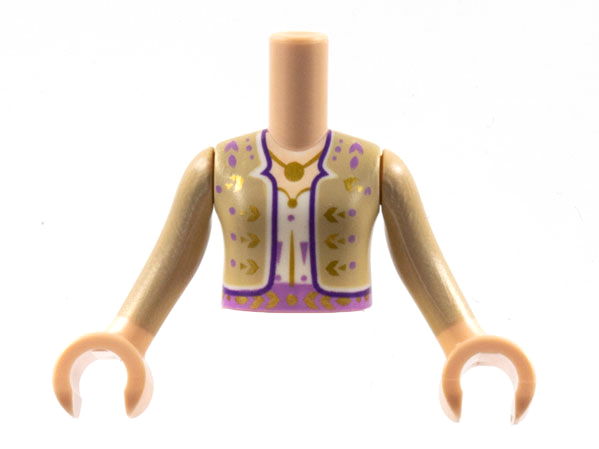 Torso Mini Doll Girl, Tan Jacket with Gold and Medium Lavender Flowers, Dark Purple Trim, Pendant Necklace, White Shirt Pattern, Light Nougat Arms with Hands with Tan Long Sleeves