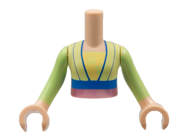 Torso Mini Doll Girl Yellowish Green Robe, Blue Trim, Metallic Pink Sash Pattern, Light Nougat Arms with Hands with Yellowish Green Sleeves