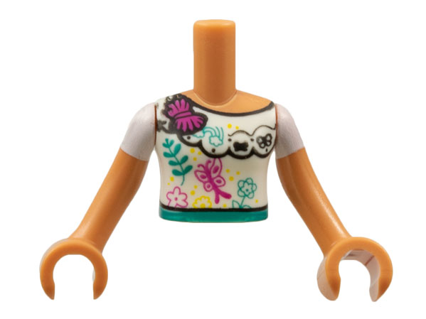 Torso Mini Doll Girl White Blouse Top with Flowers and Butterflies Pattern, Nougat Arms with Hands with White Short Sleeves