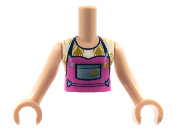 Torso Mini Doll Girl White Blouse with Gold Plants, Dark Pink Apron with Metallic Light Blue Pocket Pattern, Light Nougat Arms with Hands