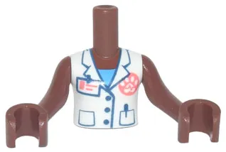 Torso Mini Doll Girl White Vest with Paw Print, ID Badge, and Pockets Pattern, Reddish Brown Arms with Hands