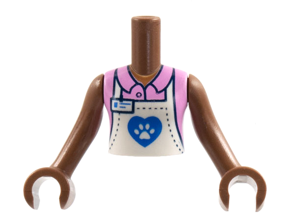 Torso Mini Doll Girl Bright Pink Collar Shirt, White Apron with Dark Blue Heart and Pawprint Pattern, Medium Brown Arms with Hands