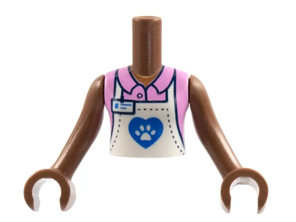 Torso Mini Doll Girl Bright Pink Collar Shirt, White Apron with Dark Blue Heart and Pawprint Pattern, Medium Brown Arms with Hands