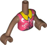 Torso Mini Doll Girl Coral Knotted Blouse Top with White Swirls and Yellow Collar Pattern, Medium Brown Arms with Hands