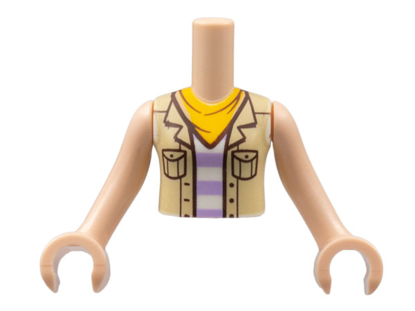 Torso Mini Doll Girl Tan Vest over White and Lavender Striped Shirt, Bright Light Orange Scarf Pattern, Light Nougat Arms with Hands