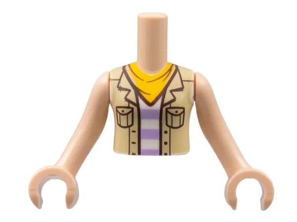 Torso Mini Doll Girl Tan Vest over White and Lavender Striped Shirt, Bright Light Orange Scarf Pattern, Light Nougat Arms with Hands