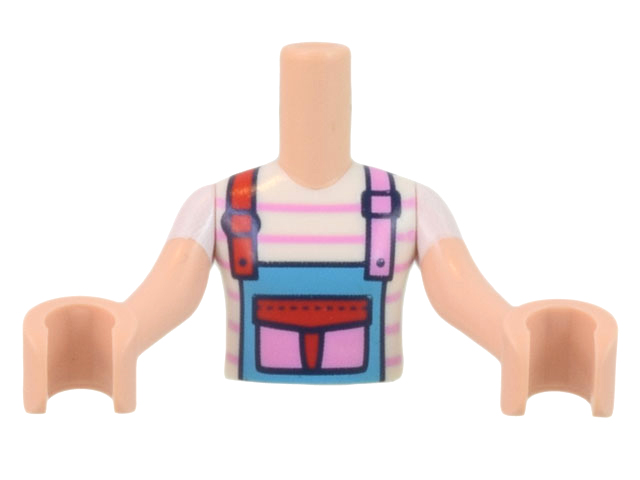 Torso Mini Doll Girl White and Bright Pink Striped Shirt, Medium Azure Apron Pattern, Light Nougat Arms with Hands with White Short Sleeves
