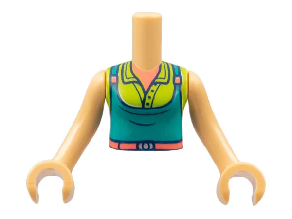 Torso Mini Doll Girl Coral Neck and Belt, Lime Shirt, Dark Turquoise Apron Pattern, Medium Tan Arms with Hands