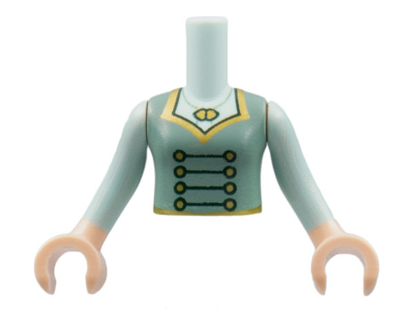 Torso Mini Doll Girl Sand Green Vest, Gold Necklace and Buttons, Black Laces Pattern, Light Nougat Arms with Hands with Light Aqua Long Sleeves