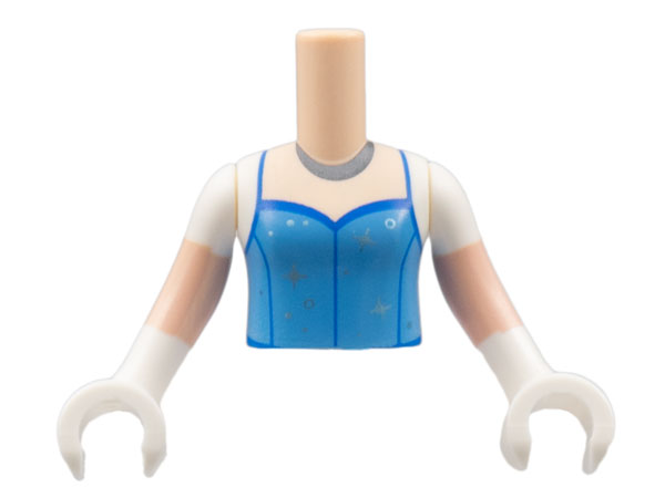 Torso Mini Doll Girl Medium Blue Top with Silver Necklace and Metallic Light Blue Stars Pattern, Light Nougat Arms with Hands with White Short Sleeves and Gloves