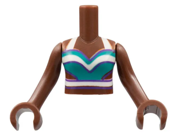 Torso Mini Doll Girl Dark Turquoise Tank Top with White Straps and Stripes, Dark Purple Trim Pattern, Reddish Brown Arms with Hands