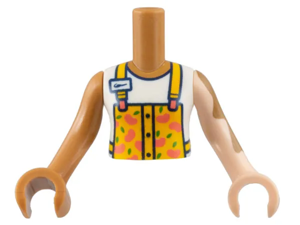 Torso Mini Doll Girl White Shirt, Bright Light Orange Jumper, Fruit Pattern, Light Nougat Arm with Hand with Vitiligo Left, Medium Nougat Arm with Hand Right