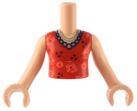 Torso Mini Doll Girl Red Top with Coral Flowers, Silver Necklaces Pattern, Light Nougat Arms with Hands