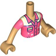 Torso Mini Doll Girl Coral Shirt with Pocket and Stars Pattern, Medium Tan Arms with Hands with Coral Short Sleeves