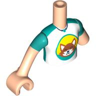 Torso Mini Doll Girl Dark Turquoise and White Top with Dark Orange Fox Pattern, Light Nougat Arm with Dark Turquoise Short Sleeve Left, Light Nougat Arm with Hand with Dark Turquoise Short Sleeve Right