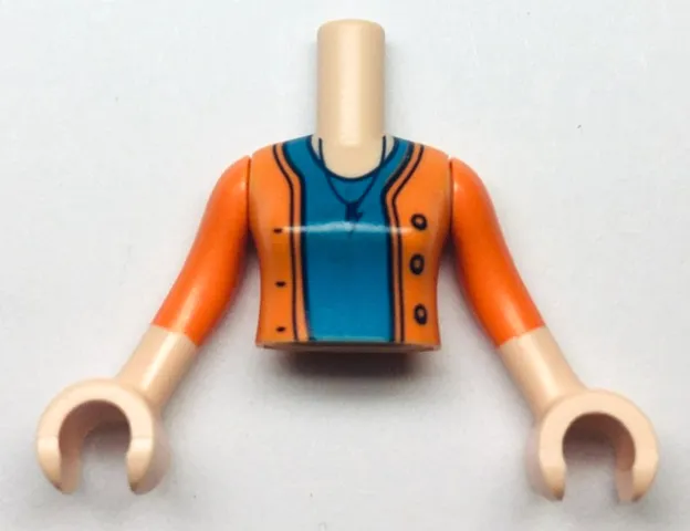 Torso Mini Doll Girl Dark Azure Shirt and Orange Sweater with Necklace and Lightning Bolt Pattern, Light Nougat Arms with Hands with Orange Sleeves